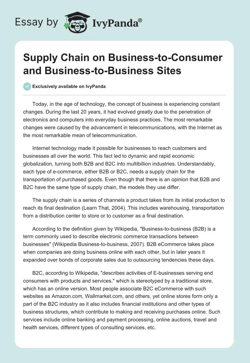 Supply Chain on Business-to-Consumer and Business-to-Business Sites. Page 1