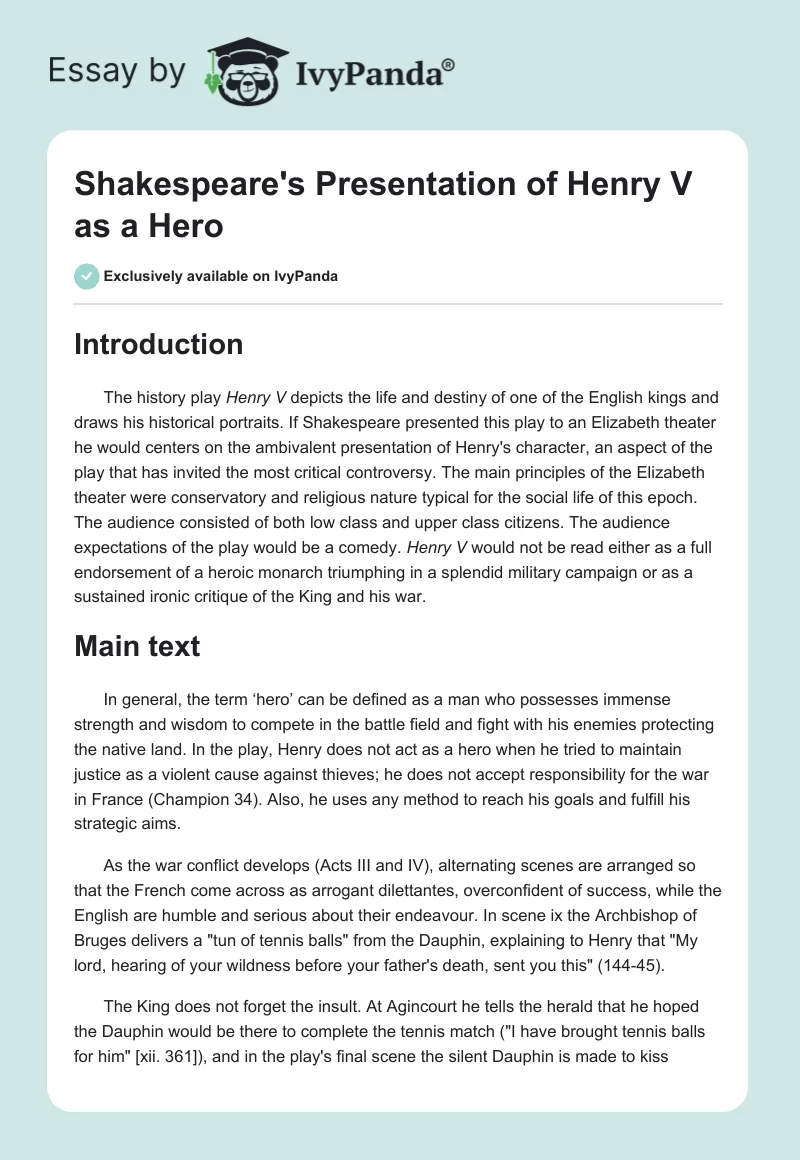 Shakespeare's Presentation of Henry V as a Hero. Page 1