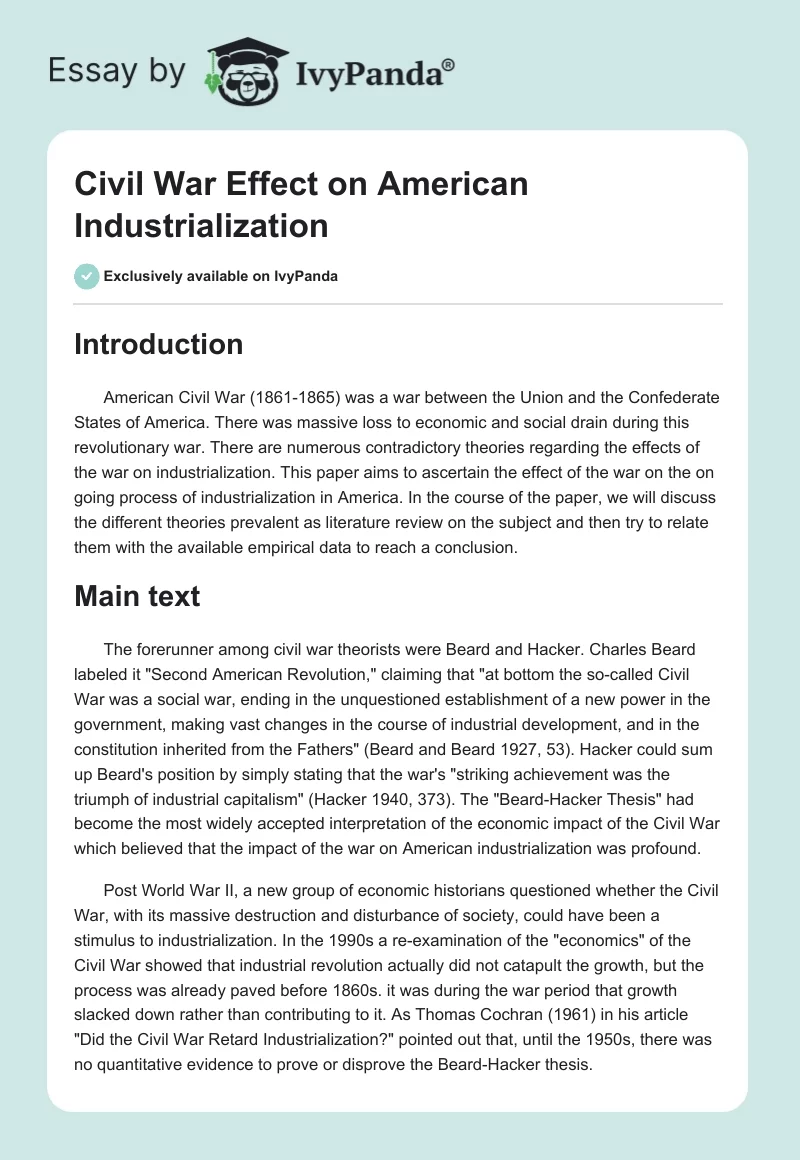 Civil War Effect on American Industrialization. Page 1