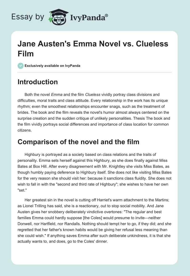 Jane Austen's "Emma" Novel vs. "Clueless" Film. Page 1