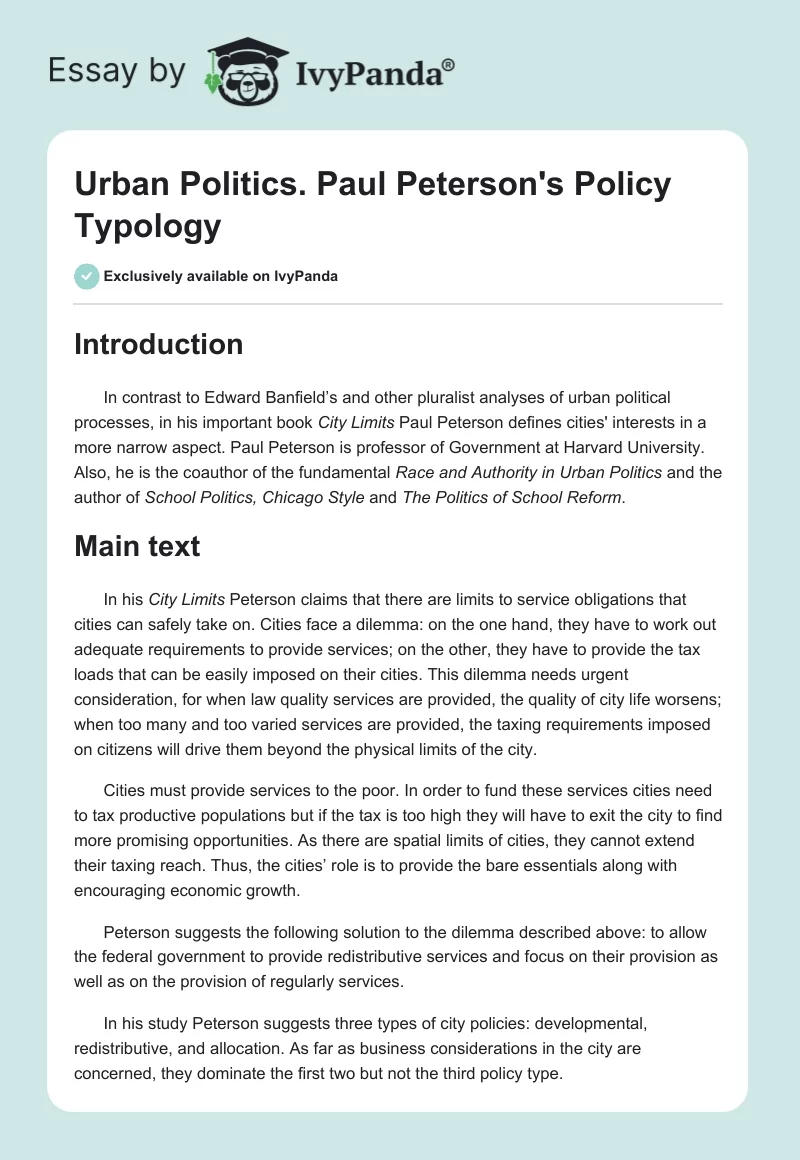 Urban Politics. Paul Peterson's Policy Typology. Page 1