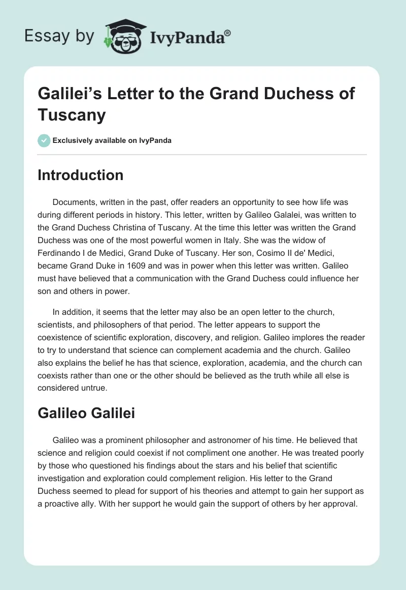 Galilei’s Letter to the Grand Duchess of Tuscany. Page 1