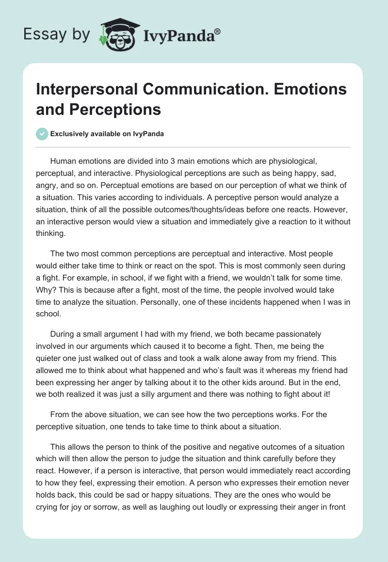 Interpersonal Communication. Emotions and Perceptions. Page 1