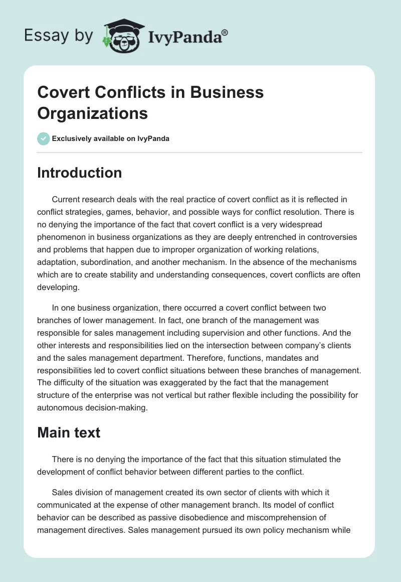 Covert Conflicts in Business Organizations. Page 1