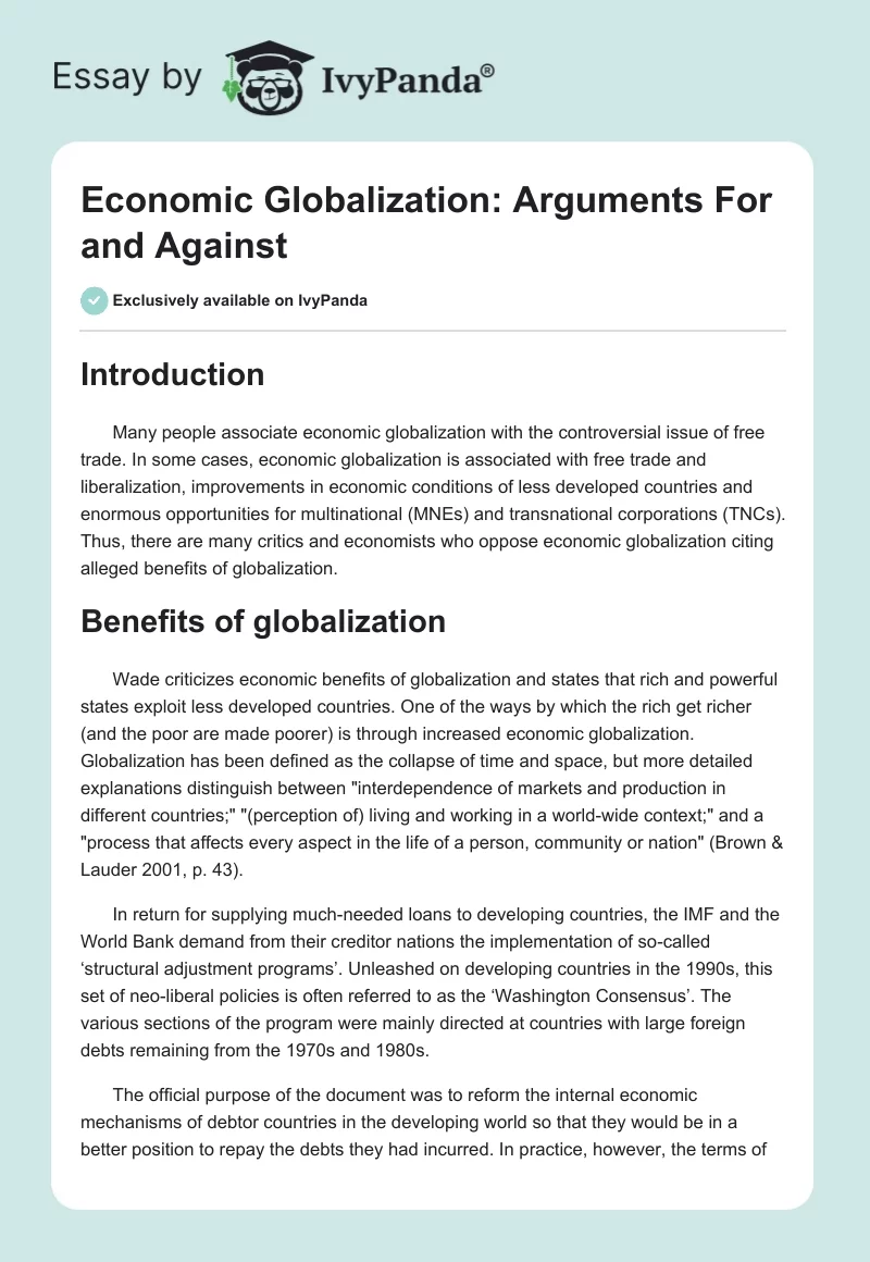 Economic Globalization: Arguments For and Against. Page 1