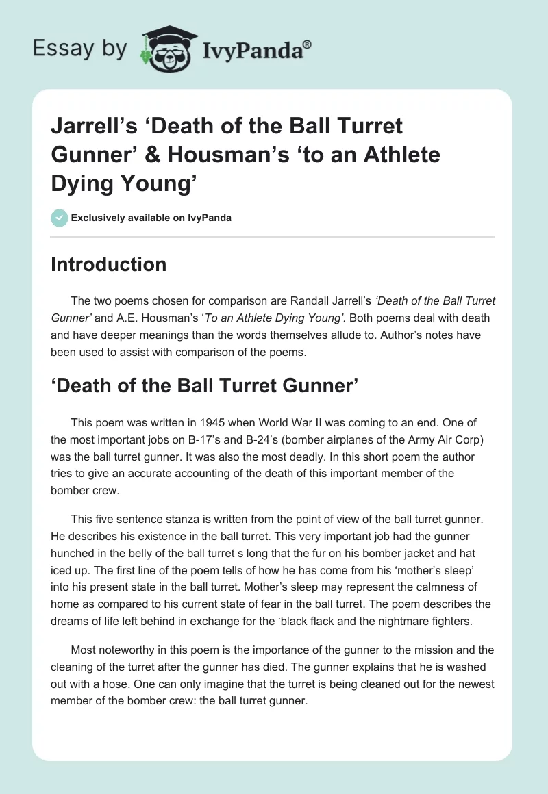 Jarrell’s ‘Death of the Ball Turret Gunner’ & Housman’s ‘to an Athlete Dying Young’. Page 1