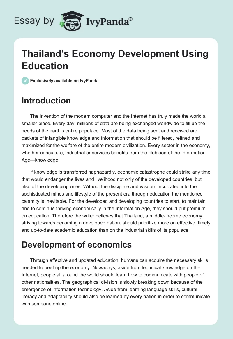 Thailand's Economy Development Using Education. Page 1