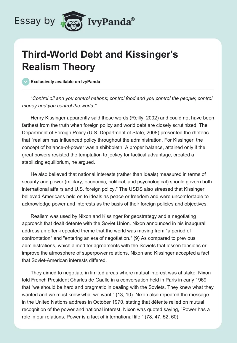Third-World Debt and Kissinger's Realism Theory. Page 1