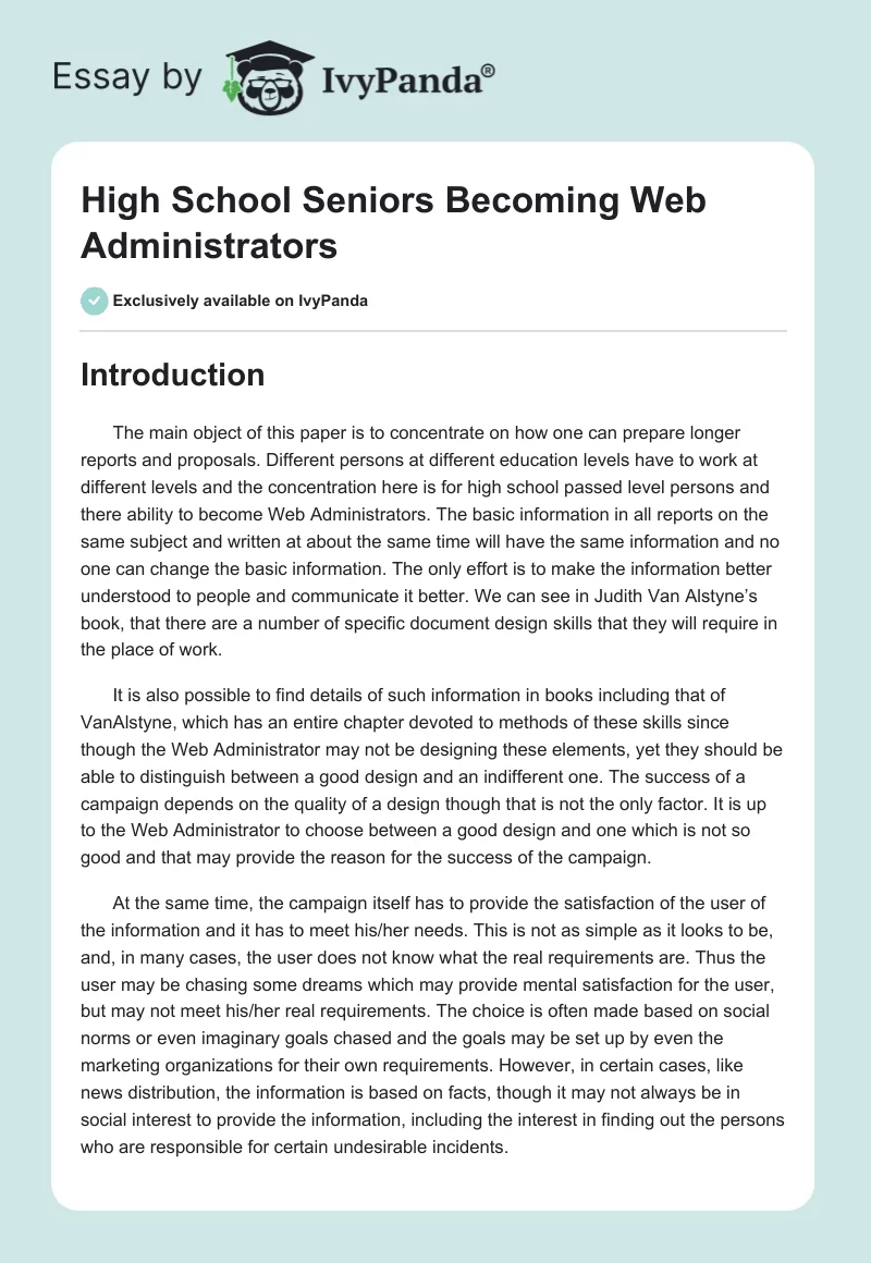 High School Seniors Becoming Web Administrators. Page 1