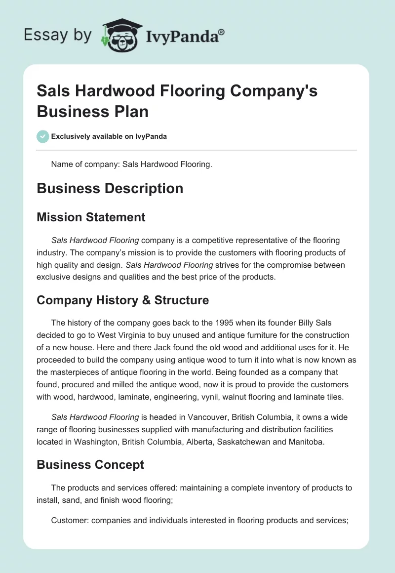 Sals Hardwood Flooring Company's Business Plan. Page 1