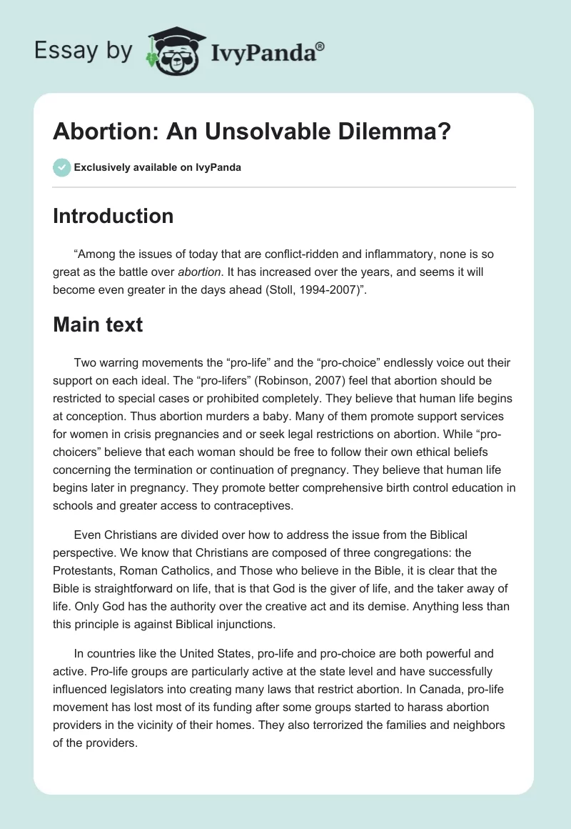 Abortion: An Unsolvable Dilemma?. Page 1