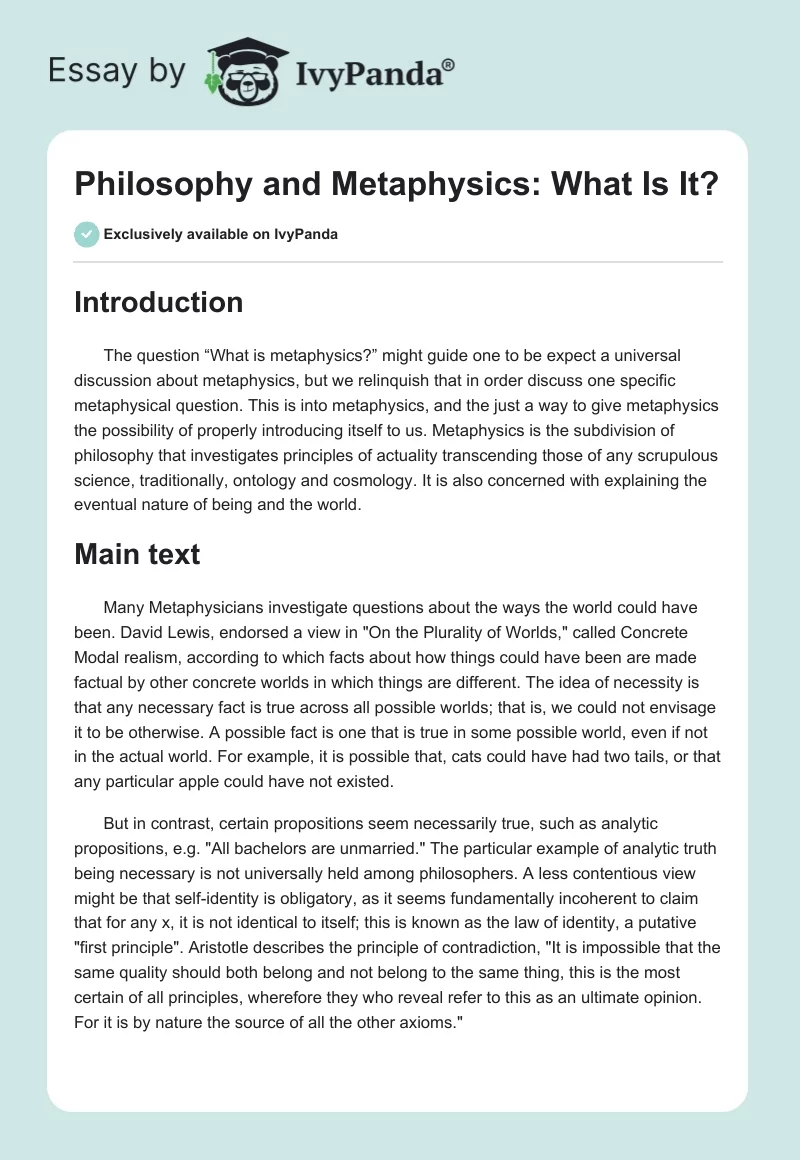 Philosophy and Metaphysics: What Is It?. Page 1