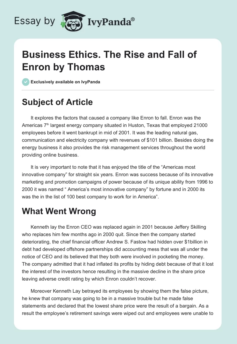 Business Ethics. The Rise and Fall of Enron by Thomas. Page 1