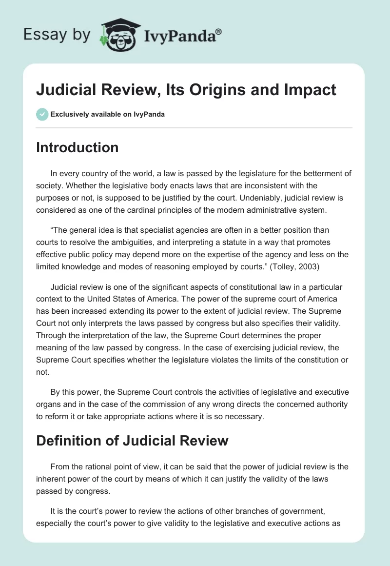 Judicial Review, Its Origins and Impact. Page 1