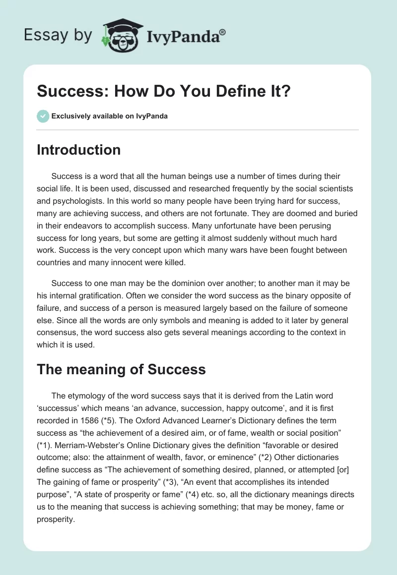 how do you define success essay brainly
