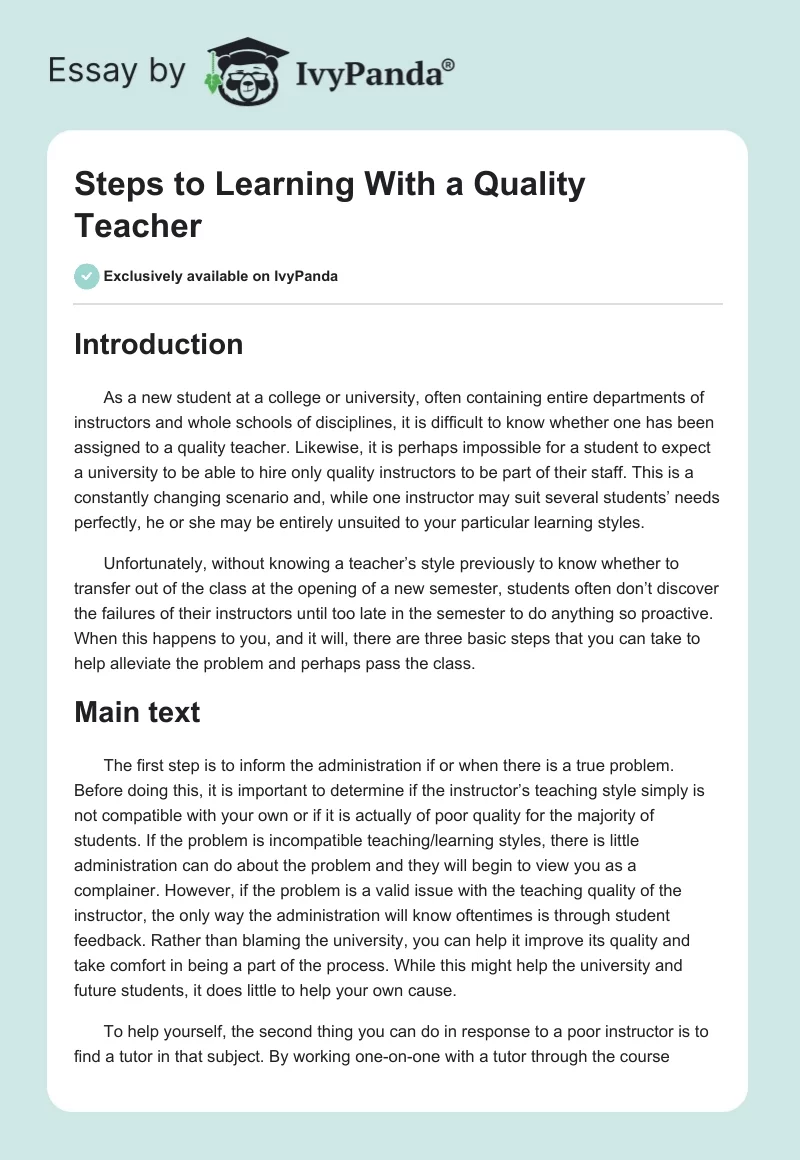 Steps to Learning With a Quality Teacher. Page 1