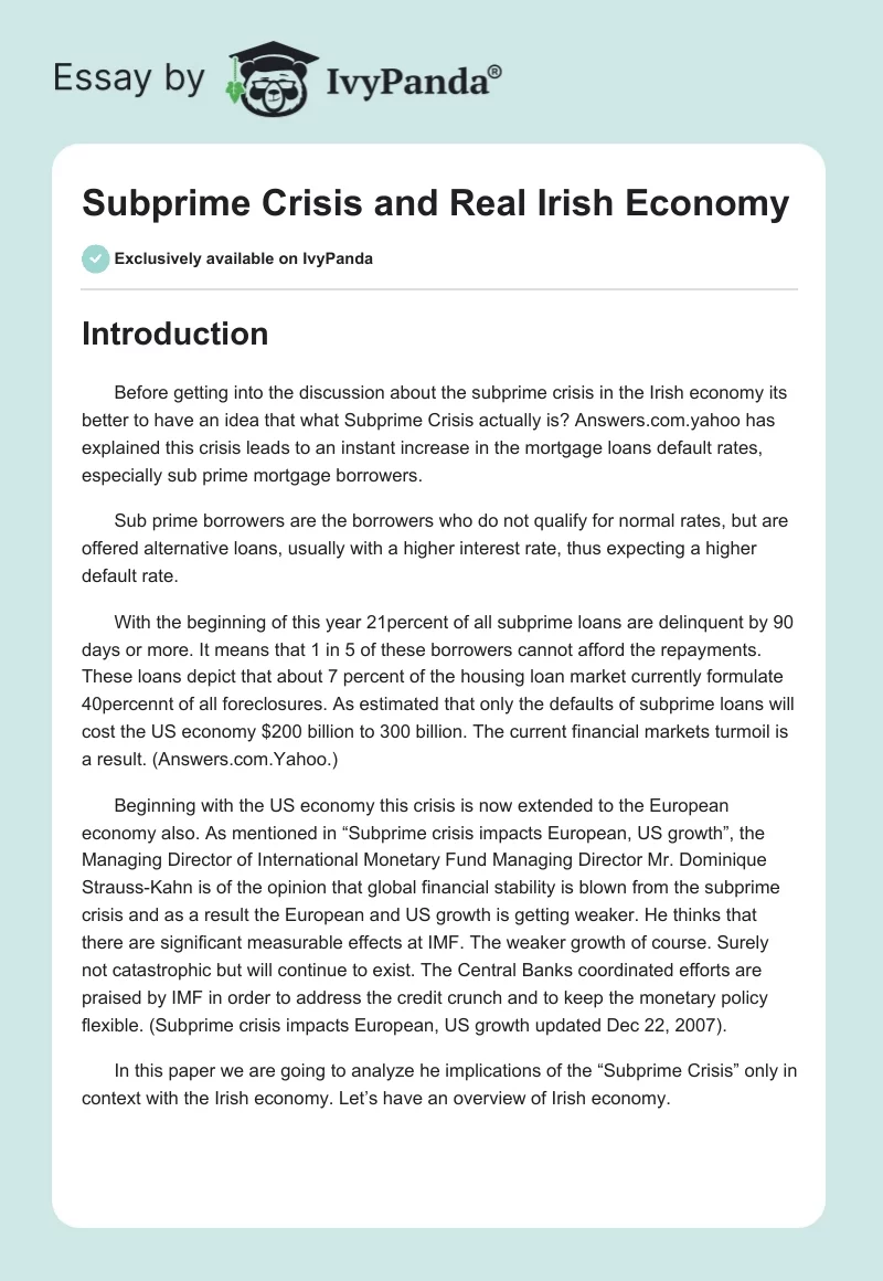 Subprime Crisis and Real Irish Economy. Page 1