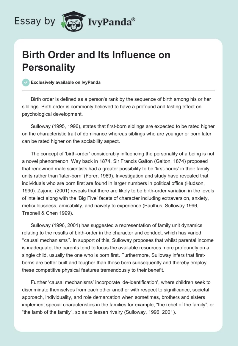 Birth Order and Its Influence on Personality. Page 1