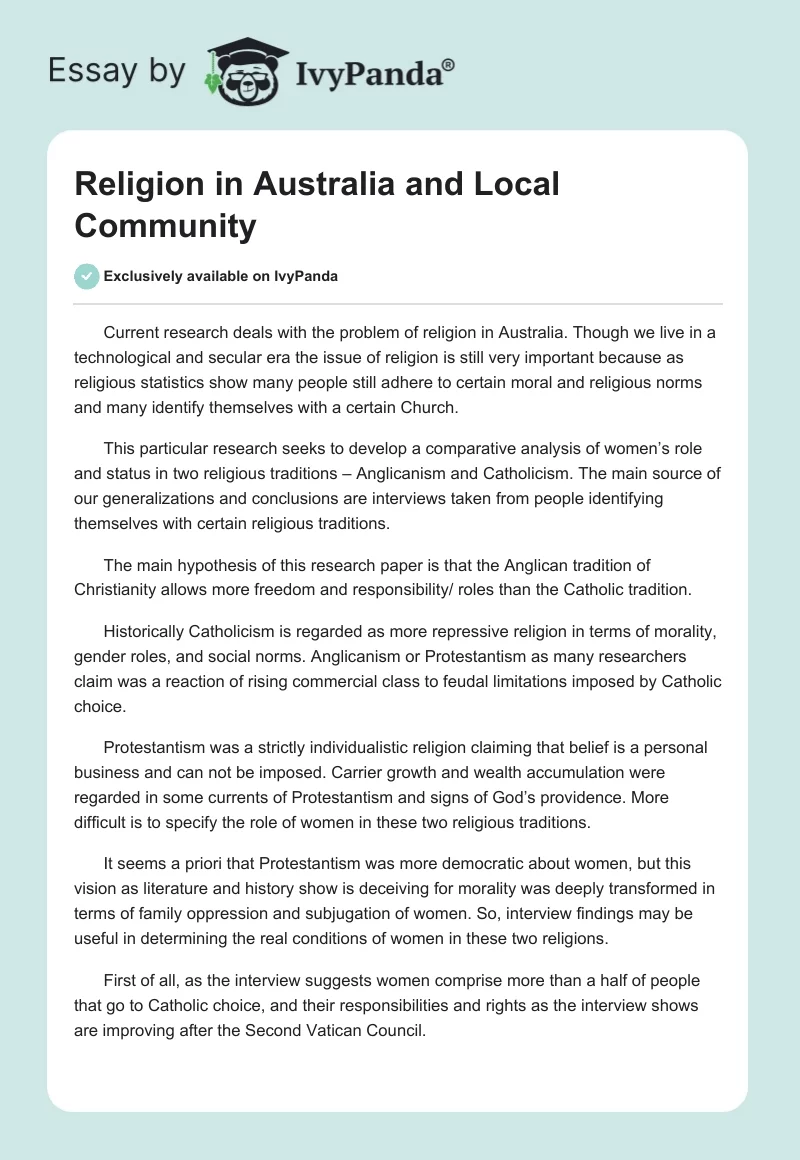 Religion in Australia and Local Community. Page 1