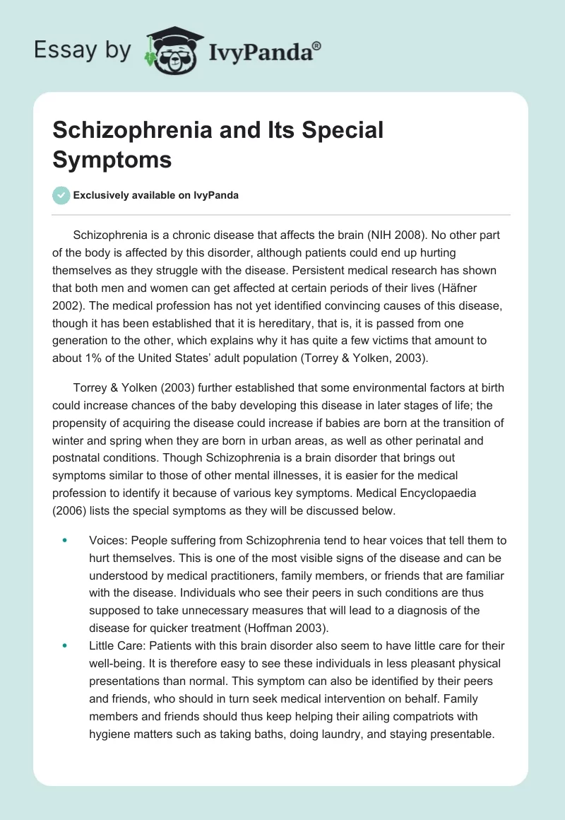 Schizophrenia and Its Special Symptoms. Page 1