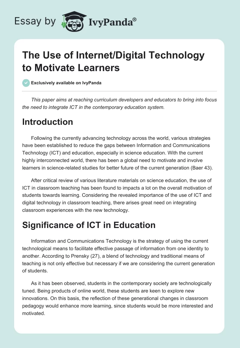 The Use of Internet/Digital Technology to Motivate Learners. Page 1