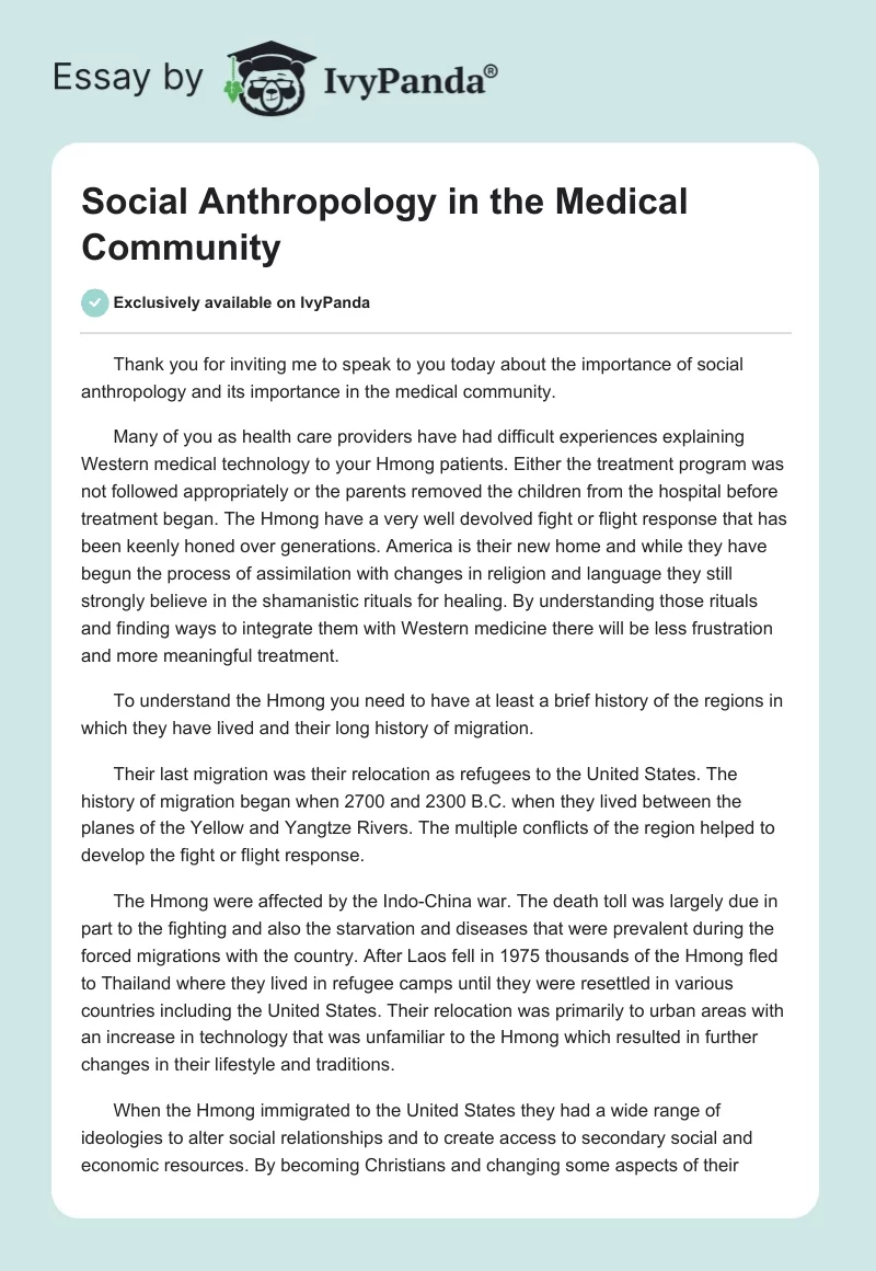 Social Anthropology in the Medical Community. Page 1