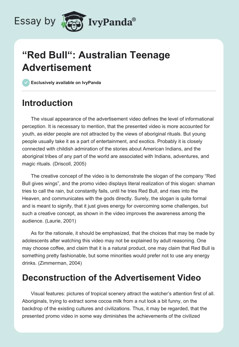 “Red Bull“: Australian Teenage Advertisement. Page 1