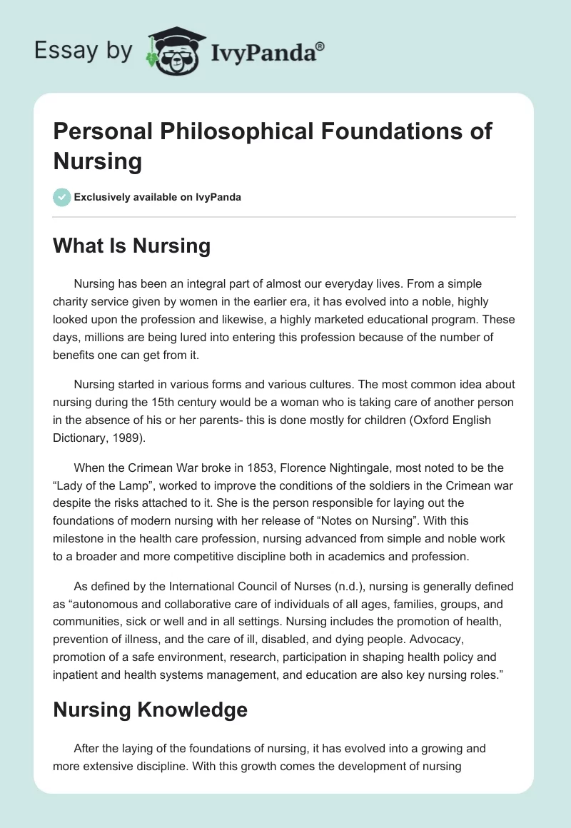 Personal Philosophical Foundations of Nursing. Page 1