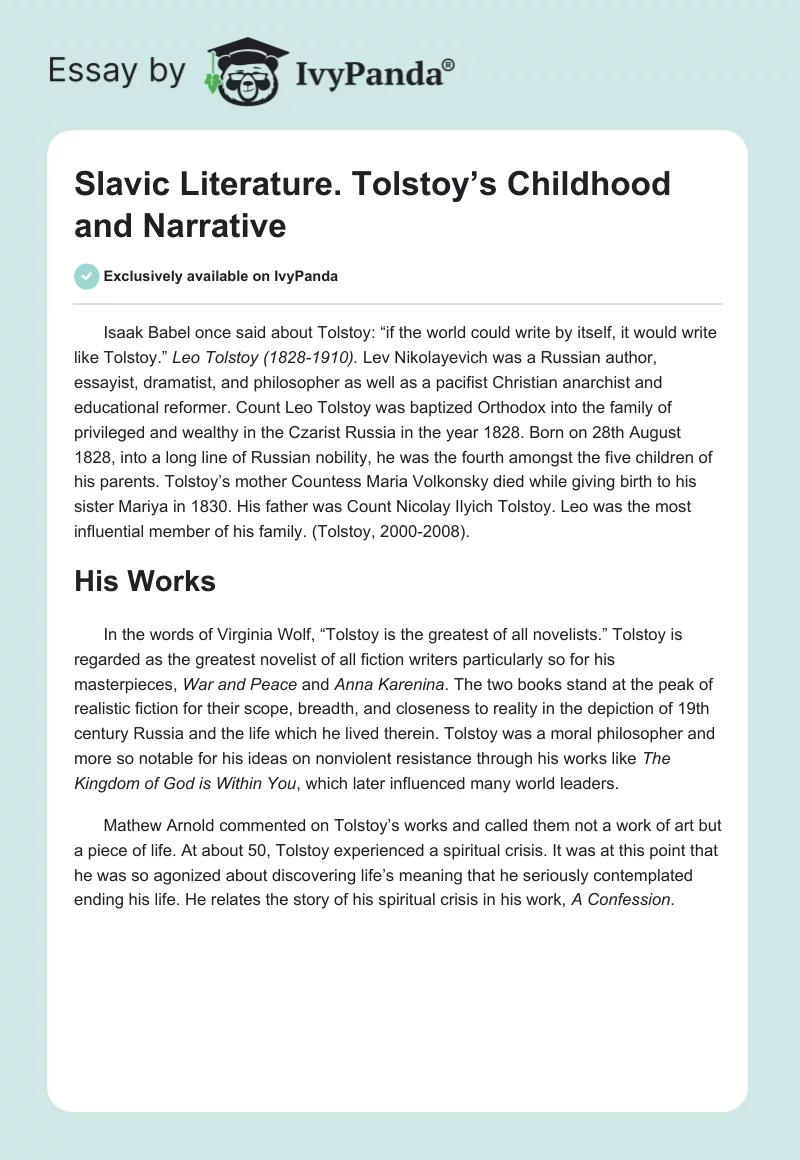 Slavic Literature. Tolstoy’s Childhood and Narrative. Page 1