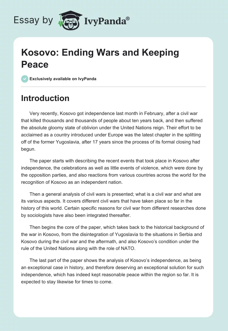 Kosovo: Ending Wars and Keeping Peace. Page 1