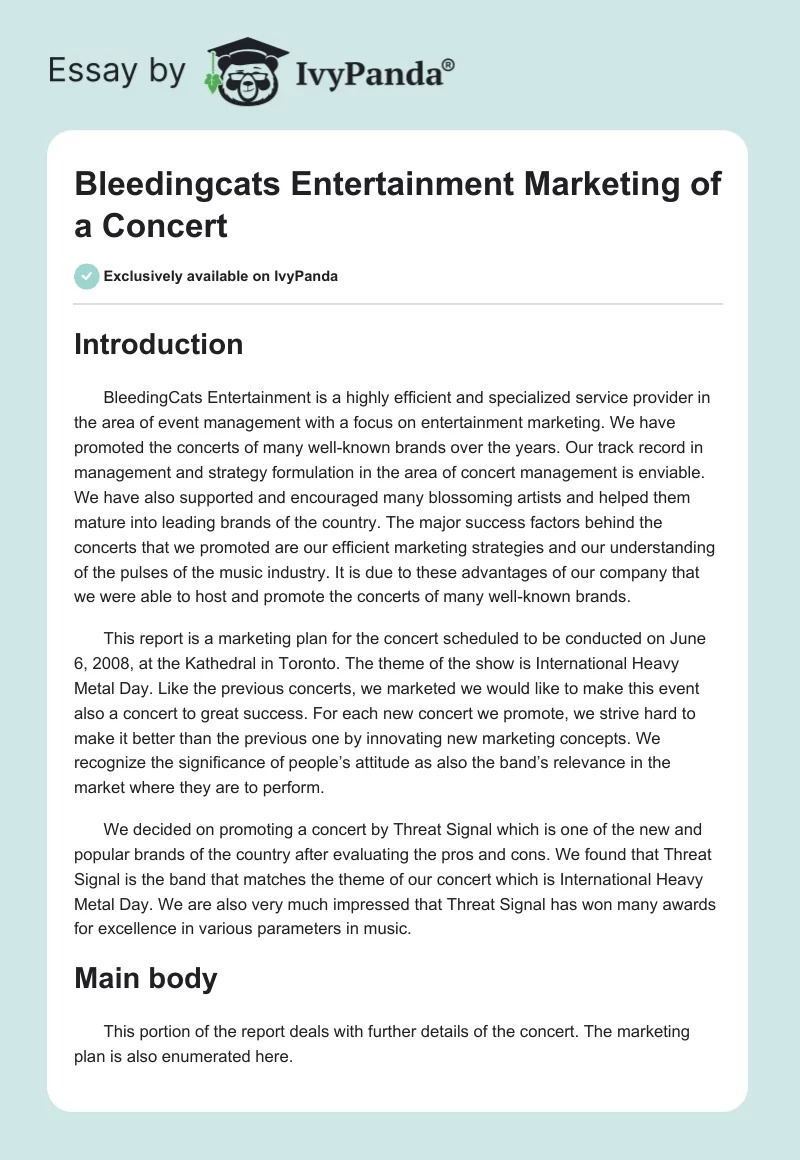 Bleedingcats Entertainment Marketing of a Concert. Page 1