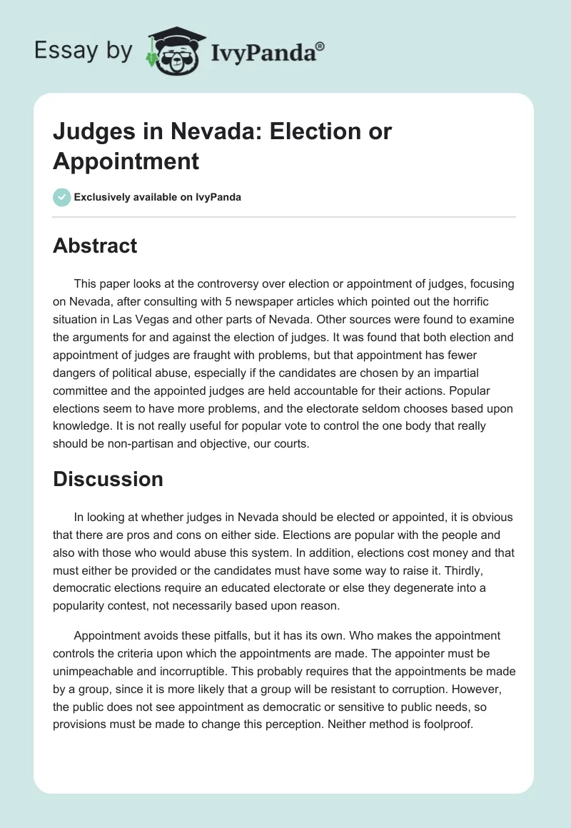 Judges in Nevada: Election or Appointment. Page 1