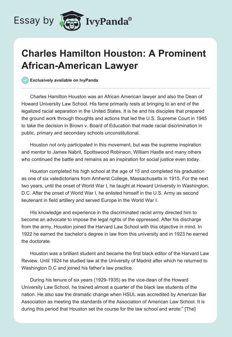 Charles Hamilton Houston: A Prominent African-American Lawyer. Page 1