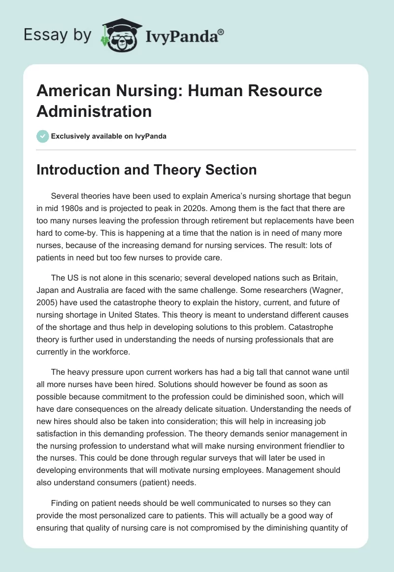 American Nursing: Human Resource Administration. Page 1
