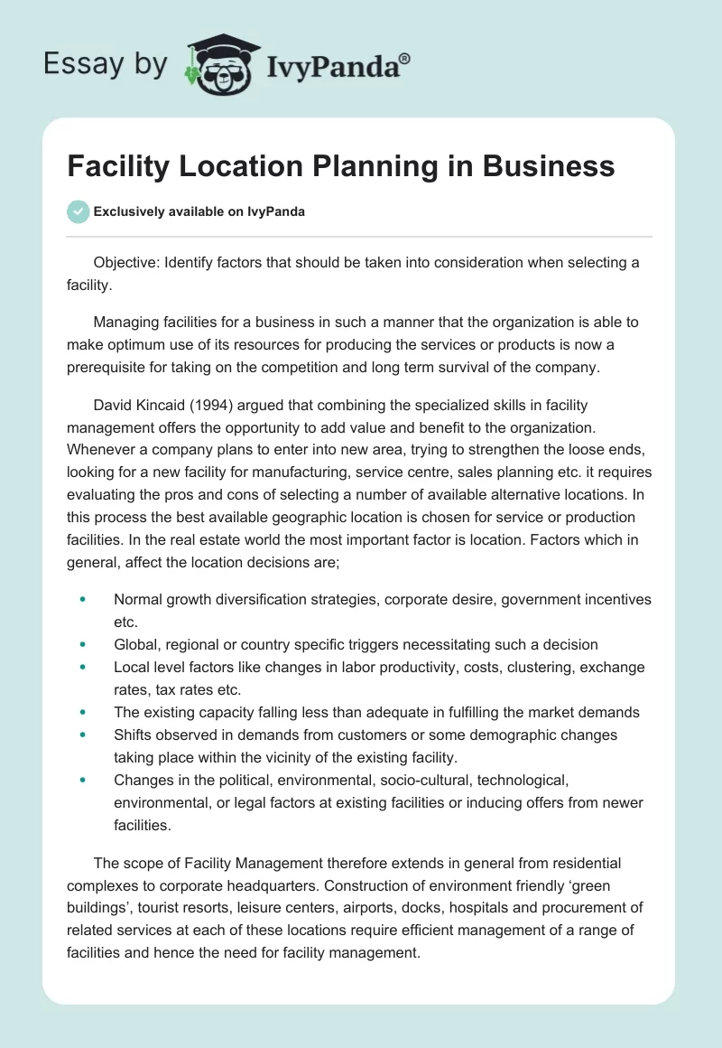 Facility Location Planning in Business. Page 1