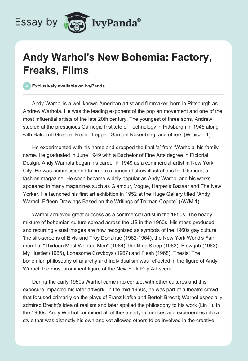 Andy Warhol's New Bohemia: Factory, Freaks, Films. Page 1
