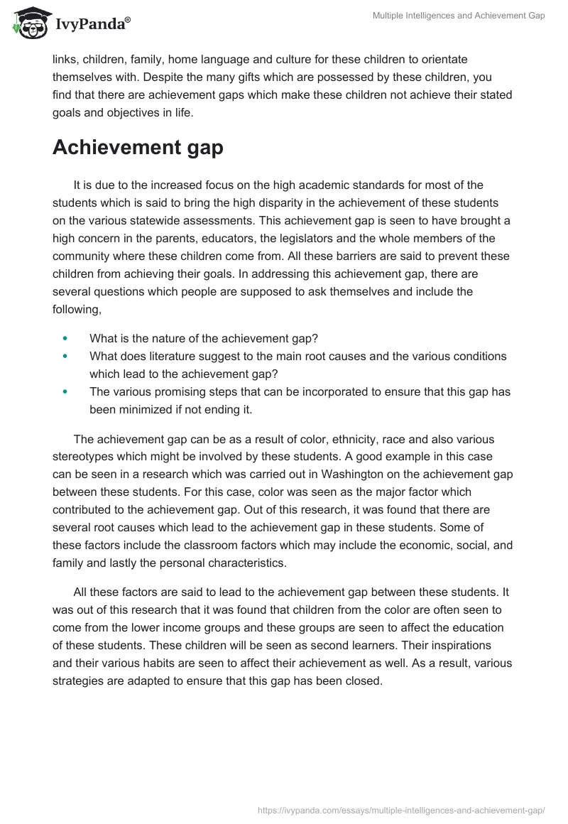 Multiple Intelligences and Achievement Gap. Page 2