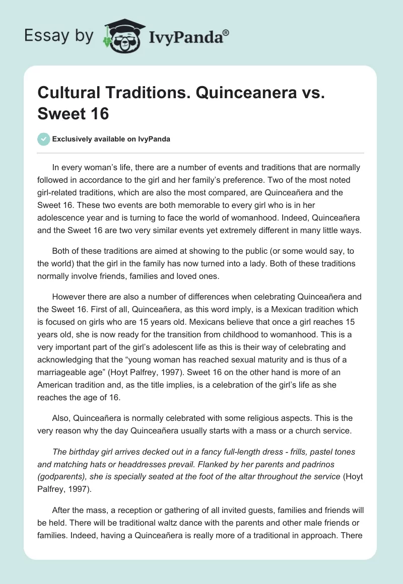 Cultural Traditions. Quinceanera vs. Sweet 16. Page 1
