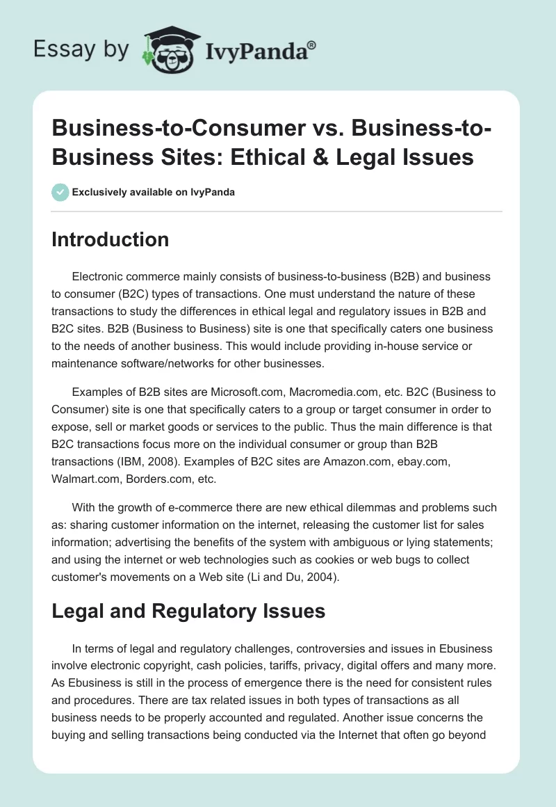 Business-to-Consumer vs. Business-to-Business Sites: Ethical & Legal Issues. Page 1