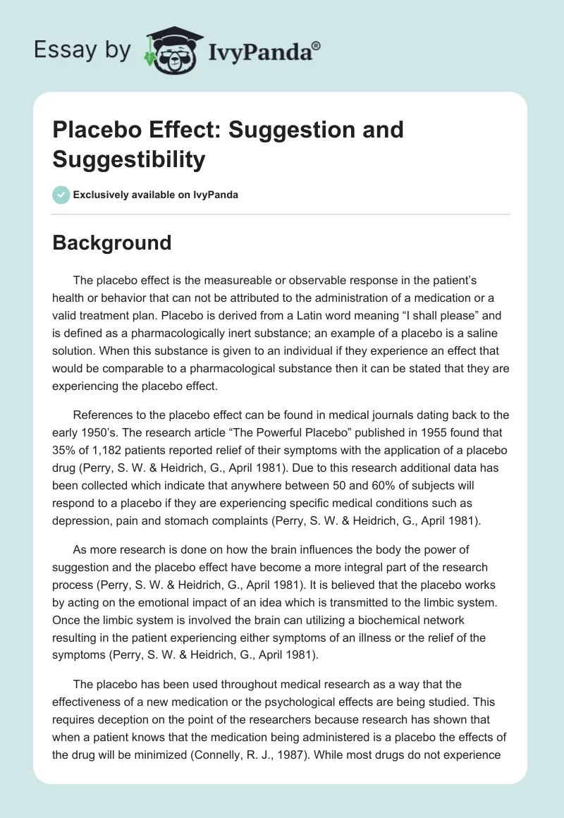 Placebo Effect: Suggestion and Suggestibility. Page 1