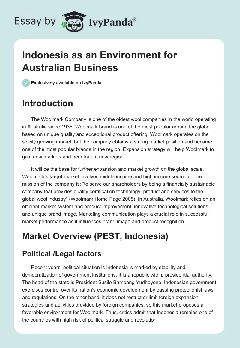 Indonesia as an Environment for Australian Business. Page 1