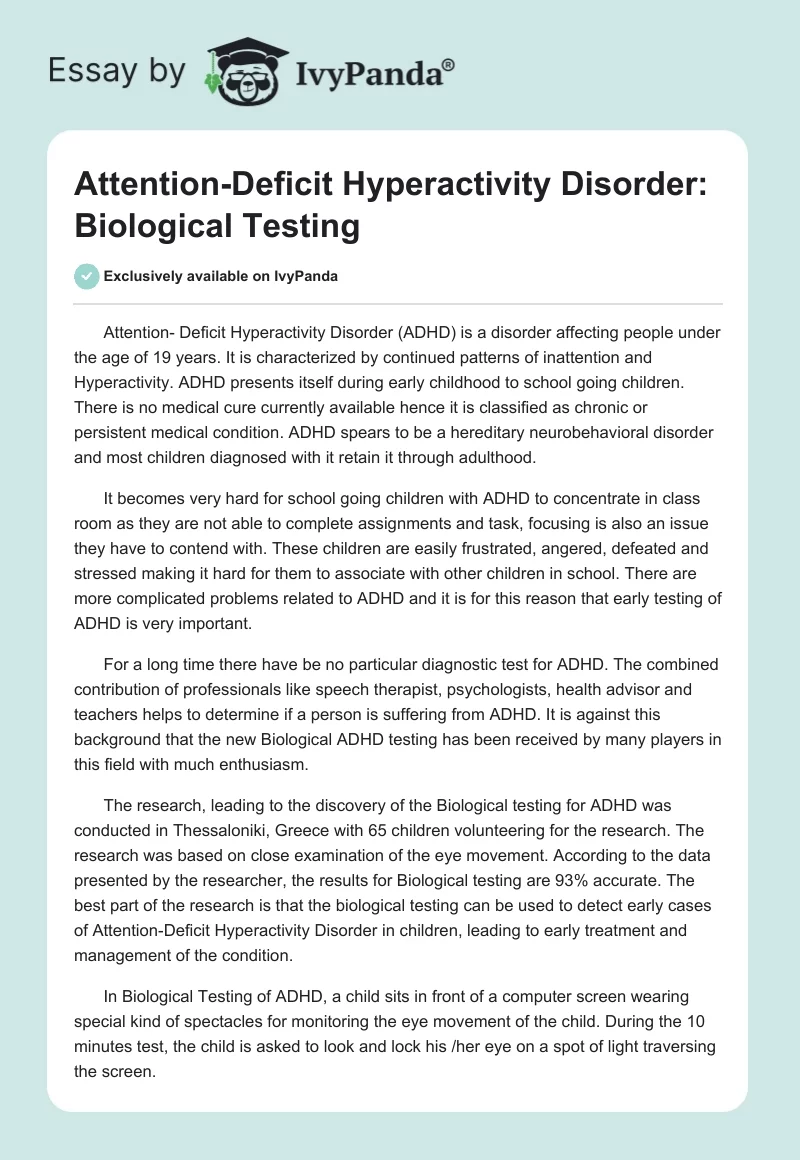 Attention-Deficit Hyperactivity Disorder: Biological Testing. Page 1