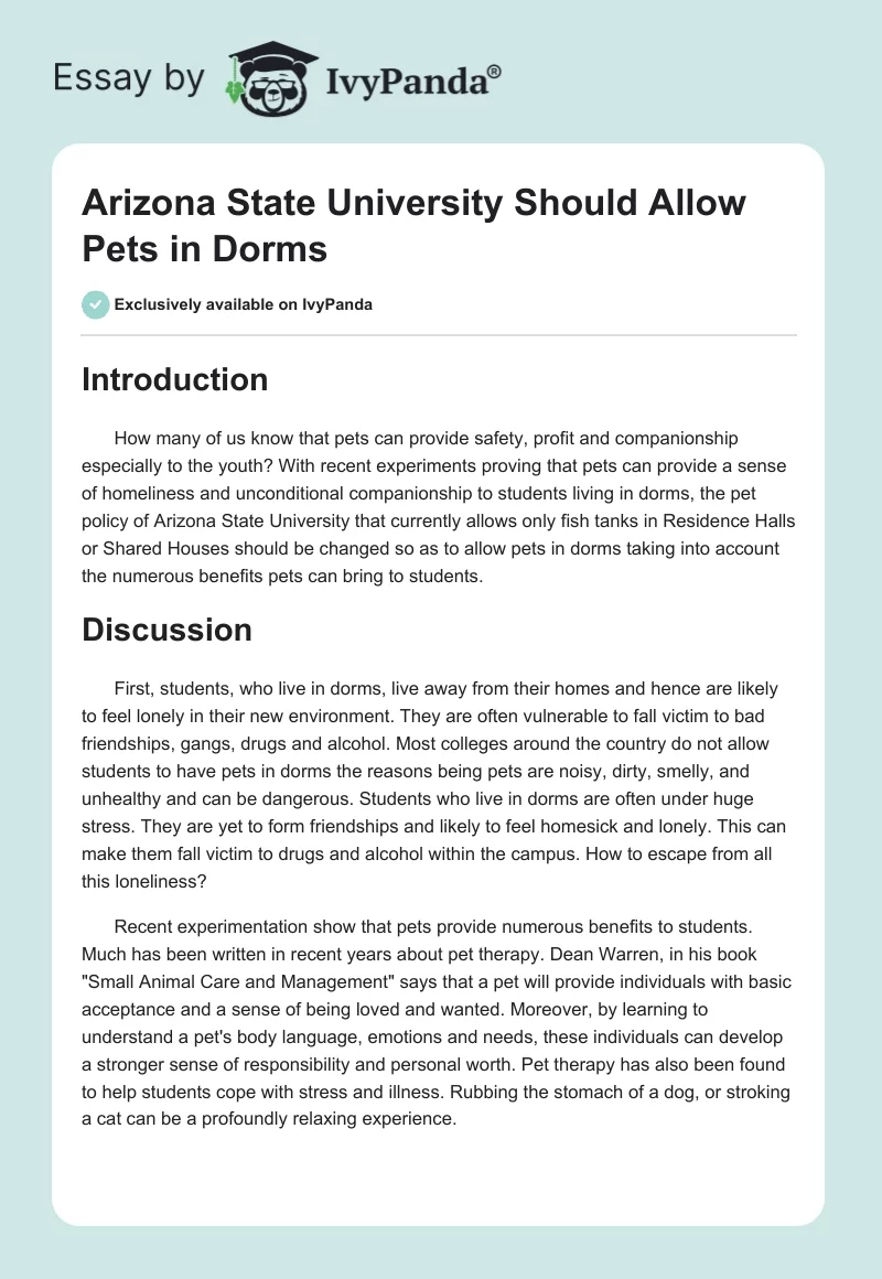 Arizona State University Should Allow Pets in Dorms. Page 1