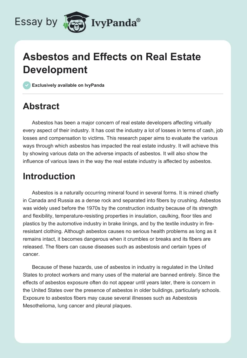 Asbestos and Effects on Real Estate Development. Page 1