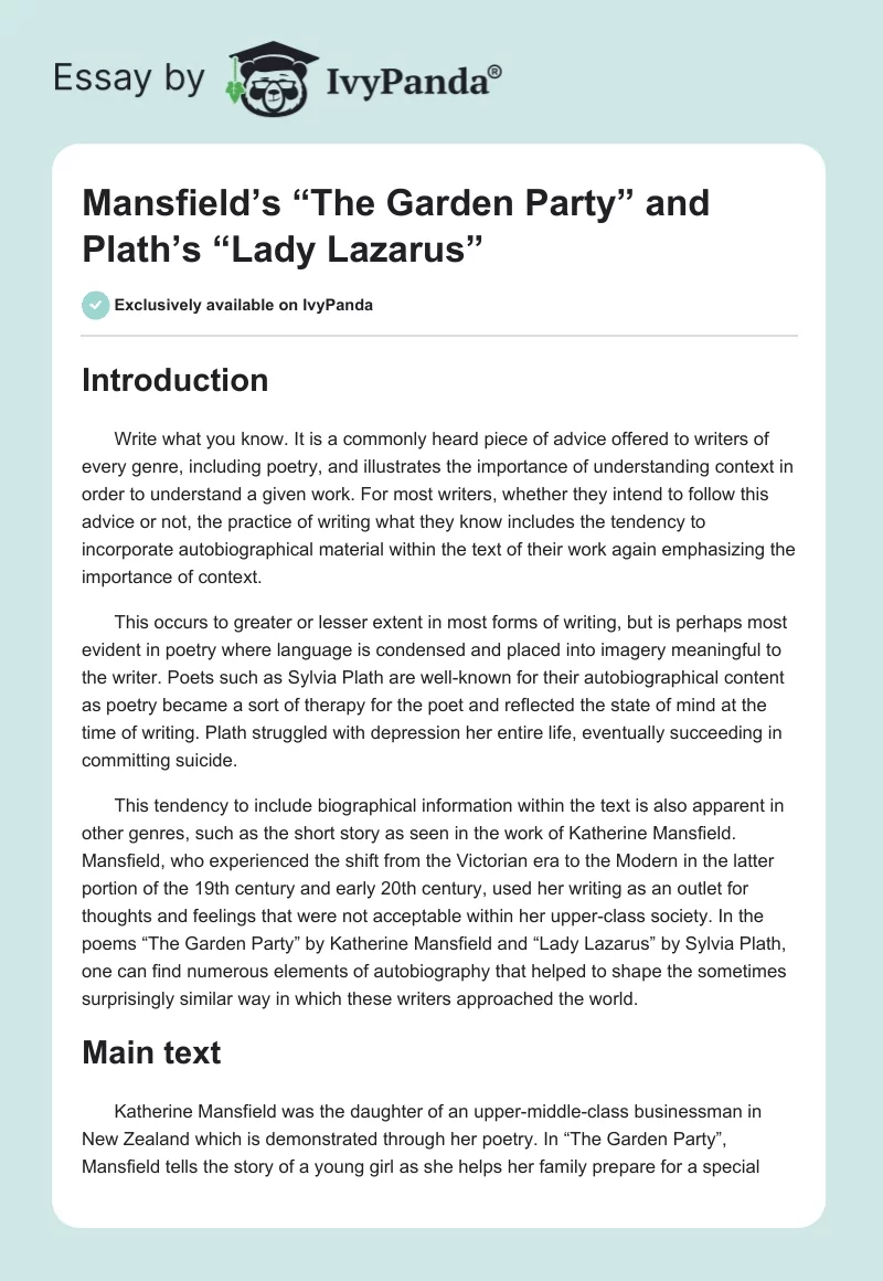 Mansfield’s “The Garden Party” and Plath’s “Lady Lazarus”. Page 1