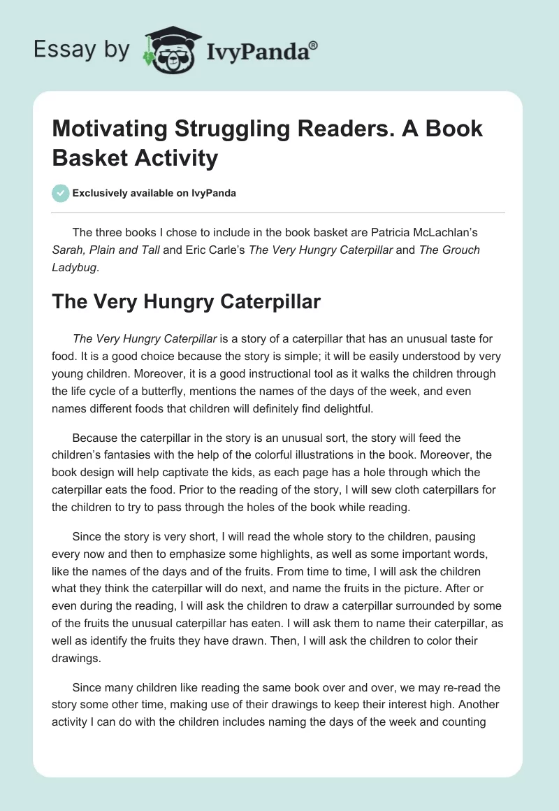 Motivating Struggling Readers. A Book Basket Activity. Page 1
