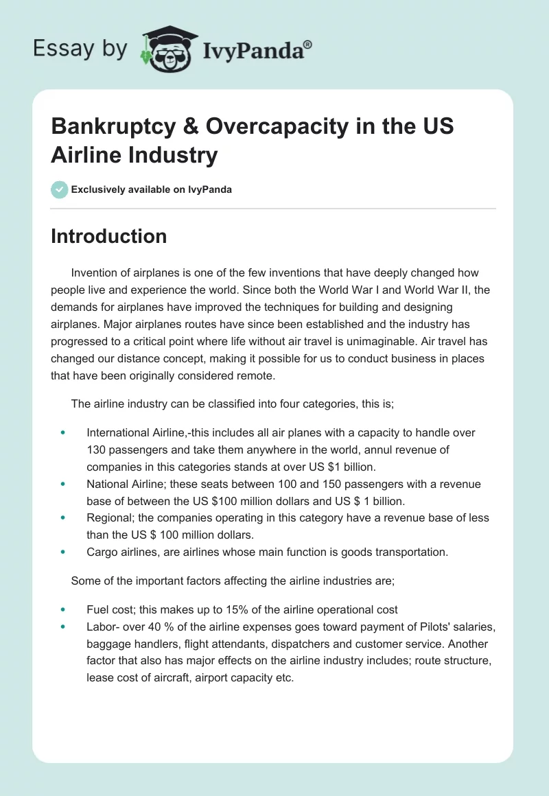 Bankruptcy & Overcapacity in the US Airline Industry. Page 1