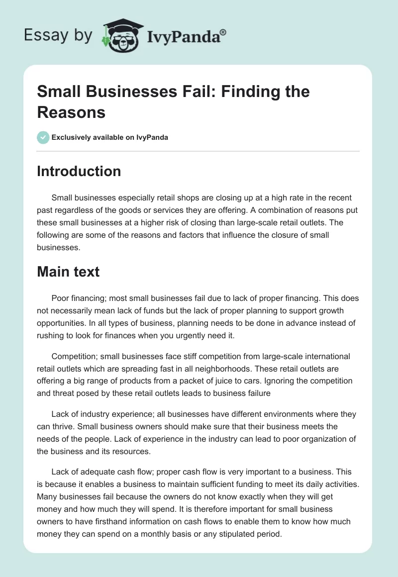 Small Businesses Fail: Finding the Reasons. Page 1