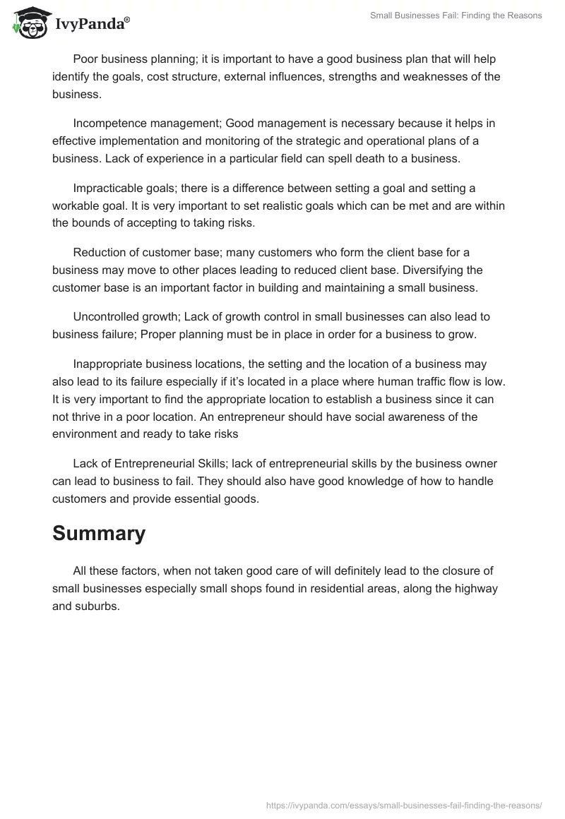 Small Businesses Fail: Finding the Reasons. Page 2