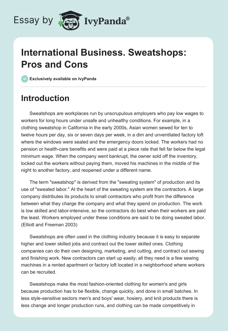 International Business. Sweatshops: Pros and Cons. Page 1